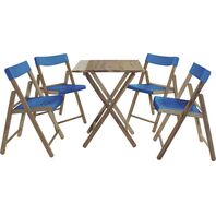Mesa e Cadeiras Dobráveis Tramontina Potenza em Madeira Teca com Acabamento Natural Assento e Encosto em Polipropileno Azul 5 Peças