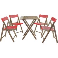 Mesa e Cadeiras Dobráveis Tramontina Potenza em Madeira Teca Acabamento Natural Assento e Encosto em Polipropileno Vermelho 5 Peças