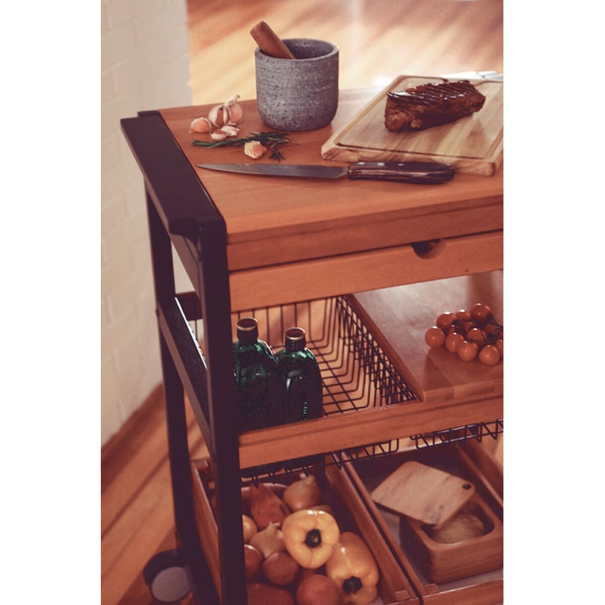 Carro para Servir Churrasco Tramontina em Madeira Muiracatiara FSC com Acabamento Envermizado Gaveta e Cesto Multiuso - SKU 13286920 - 4 image number 3
