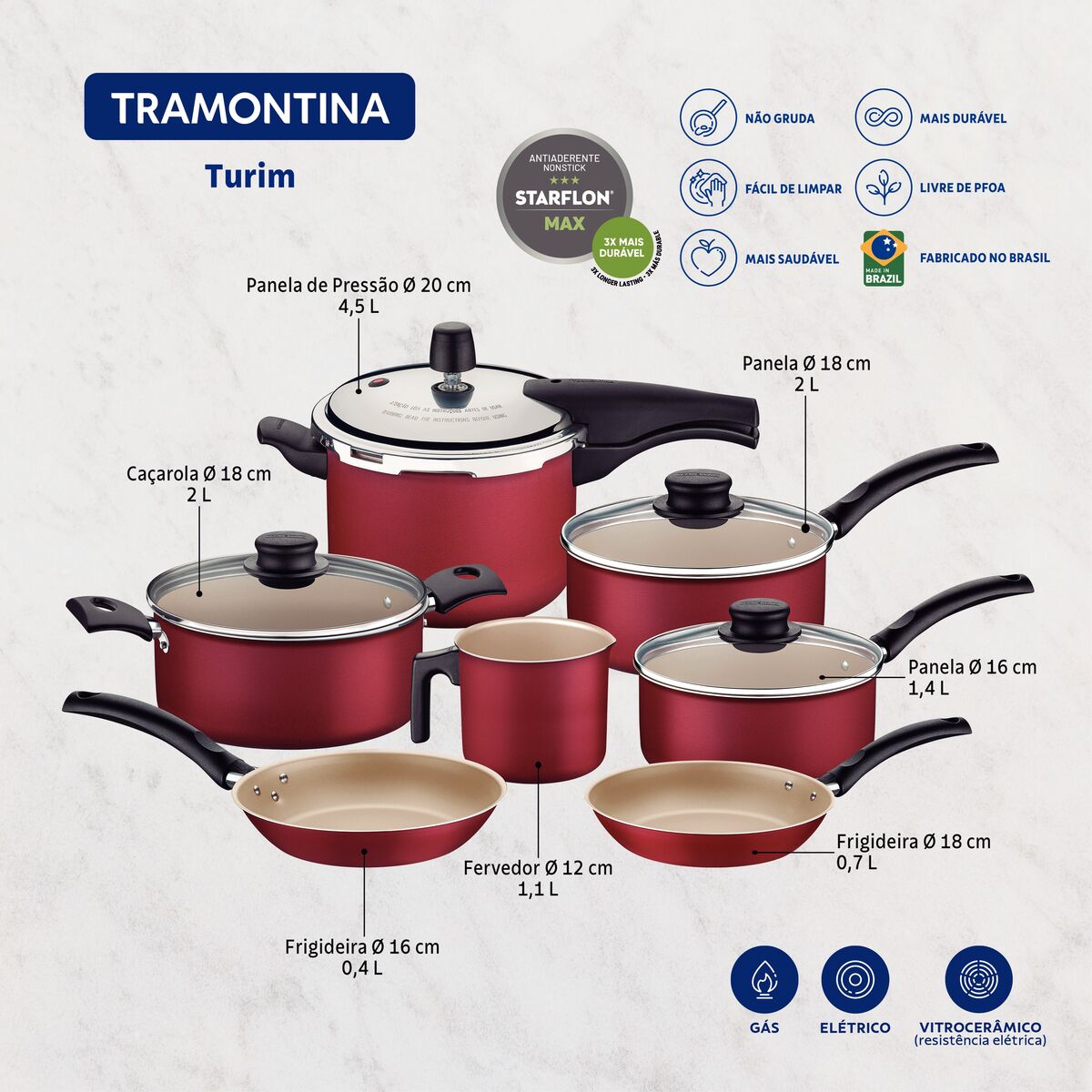 Jogo de Panelas Tramontina Turim em Alum&iacute;nio com Revestimento Interno e Externo de Antiaderente Starflon Max Vermelho 7 pe&ccedil;as Cor Vermelho - SKU 20298732 - 2 image number 1