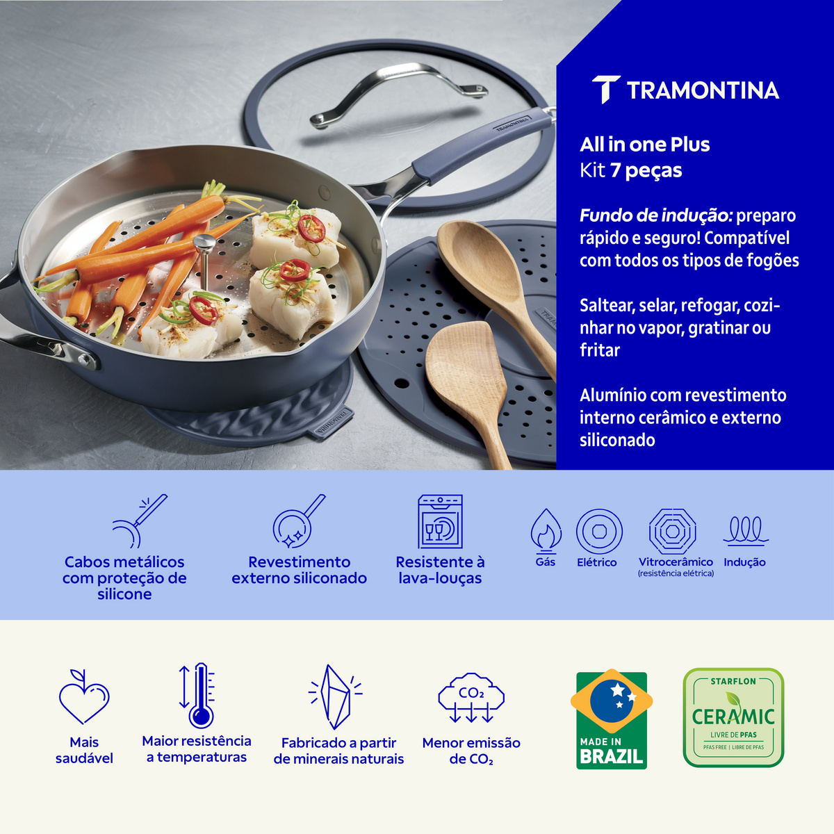 Kit 7 pe&ccedil;as All in one Plus  Tramontina com Revestimento Interno Cer&acirc;mico e Externo Siliconado Cor Azul - SKU 20499159 - 4 image number 3