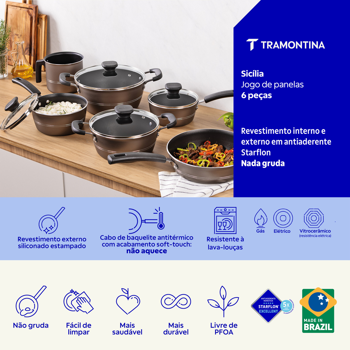 Jogo de Panelas Tramontina Sic&iacute;lia em Alum&iacute;nio com Revestimento Interno e Externo Antiaderente Starflon Excellent Avel&atilde; 6 Pe&ccedil;as Cor Avel&atilde; - SKU 20499620 - 6 image number 5