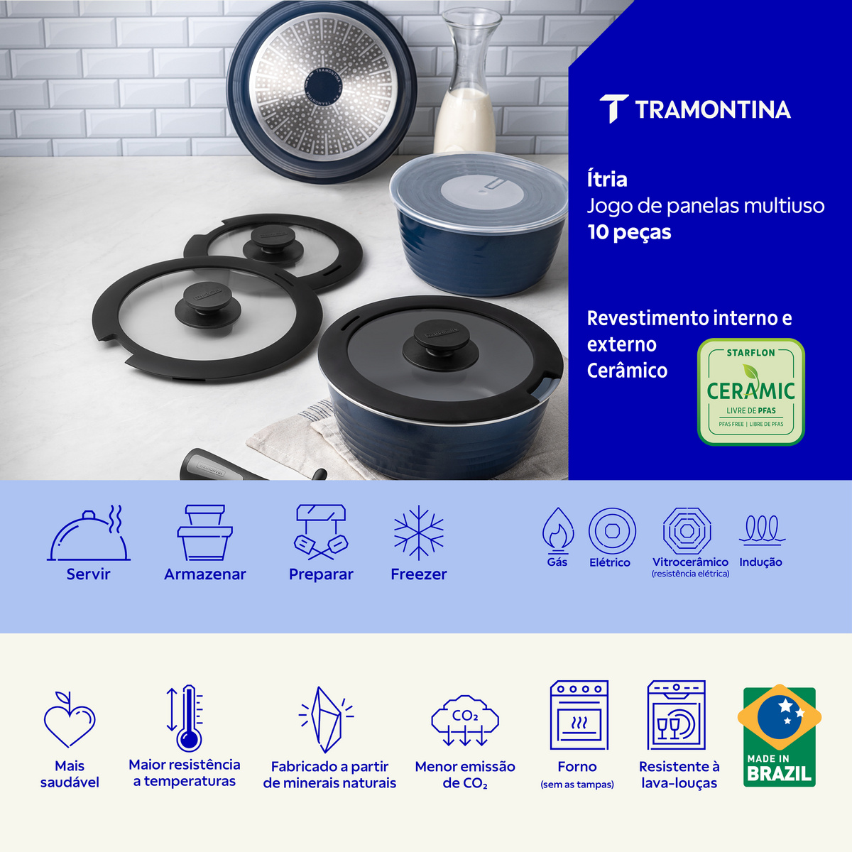 Jogo de Panelas Multiuso Tramontina Itria em Alum&iacute;nio com Revestimento Cer&acirc;mico e Cabo Remov&iacute;vel Azul 10 Pe&ccedil;as Cor Azul - SKU 20999100 - 4 image number 3