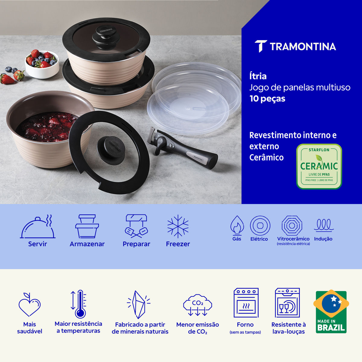Jogo de Panelas Multiuso Tramontina Itria em Alum&iacute;nio com Revestimento Cer&acirc;mico Marfim e Cabo Remov&iacute;vel 10 Pe&ccedil;as Cor Marfim - SKU 20999400 - 4 image number 3