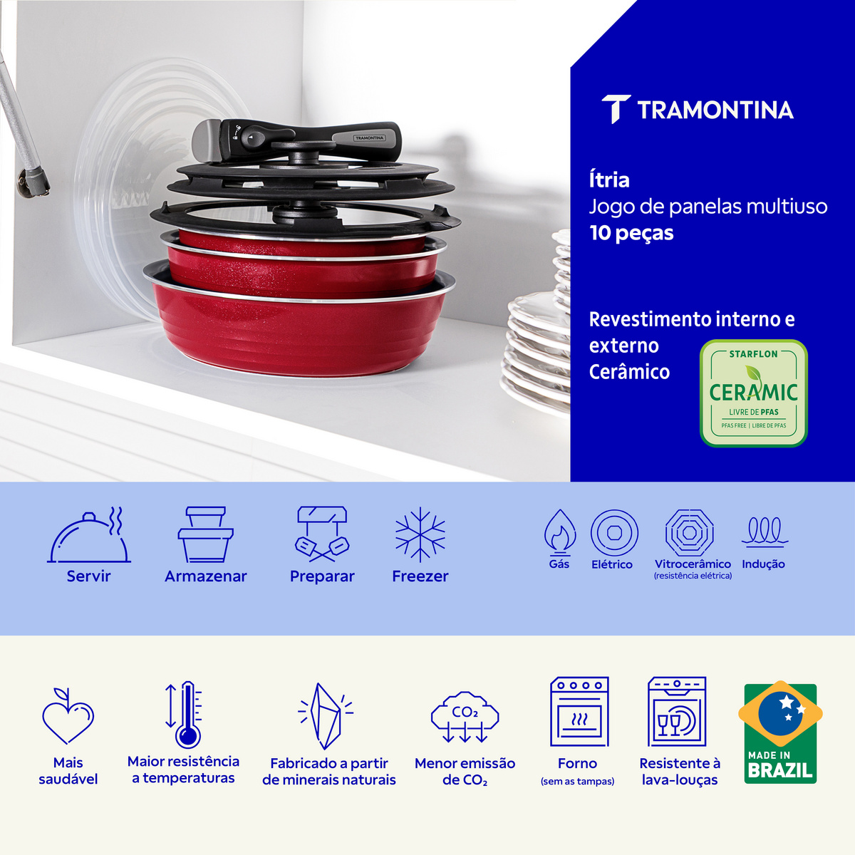 Jogo de Panelas Multiuso Tramontina Itria em Alum&iacute;nio com Revestimento Interno e Externo Cer&acirc;mico Vermelho 10 Pe&ccedil;as Cor Vermelho - SKU 20999700 - 2 image number 1