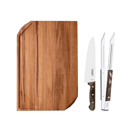 Kit para Churrasco Tramontina com L&acirc;mina em A&ccedil;o Inox Cabo de Madeira Polywood Castanho com T&aacute;bua de Madeira 3 Pe&ccedil;as Cor Polywood castanho - SKU 21197901