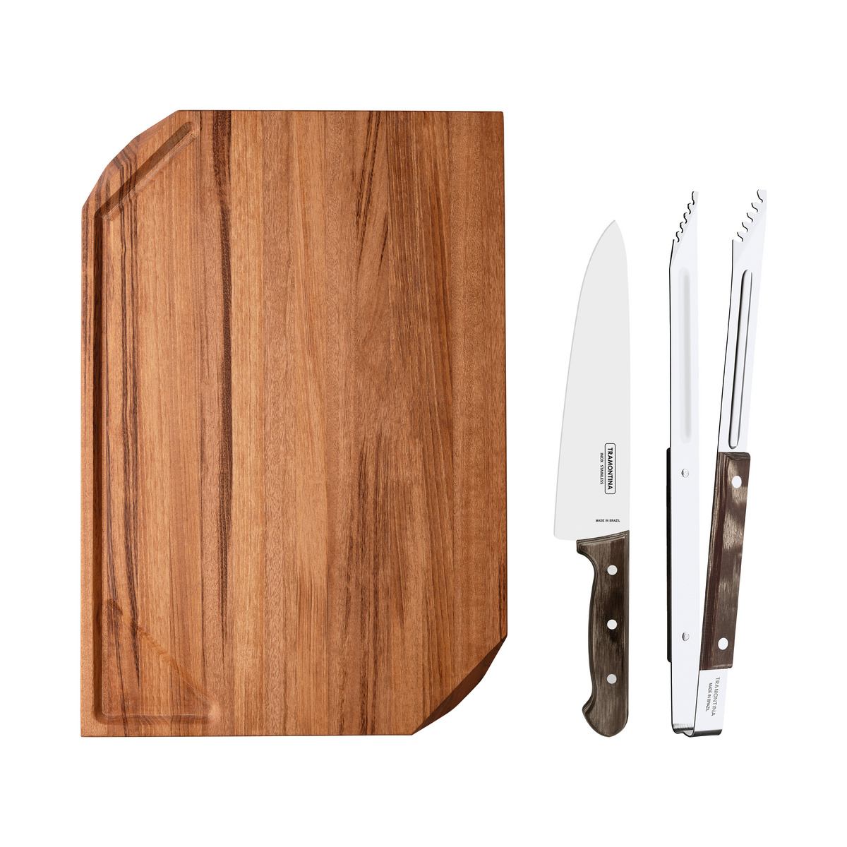 Kit para Churrasco Tramontina com L&acirc;mina em A&ccedil;o Inox Cabo de Madeira Polywood Castanho com T&aacute;bua de Madeira 3 Pe&ccedil;as Cor Polywood castanho - SKU 21197901 - 1 image number 0