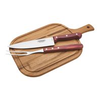 Tramontina stainless steel barbecue kit with red Polywood handles and wooden cutting board, 3pc set