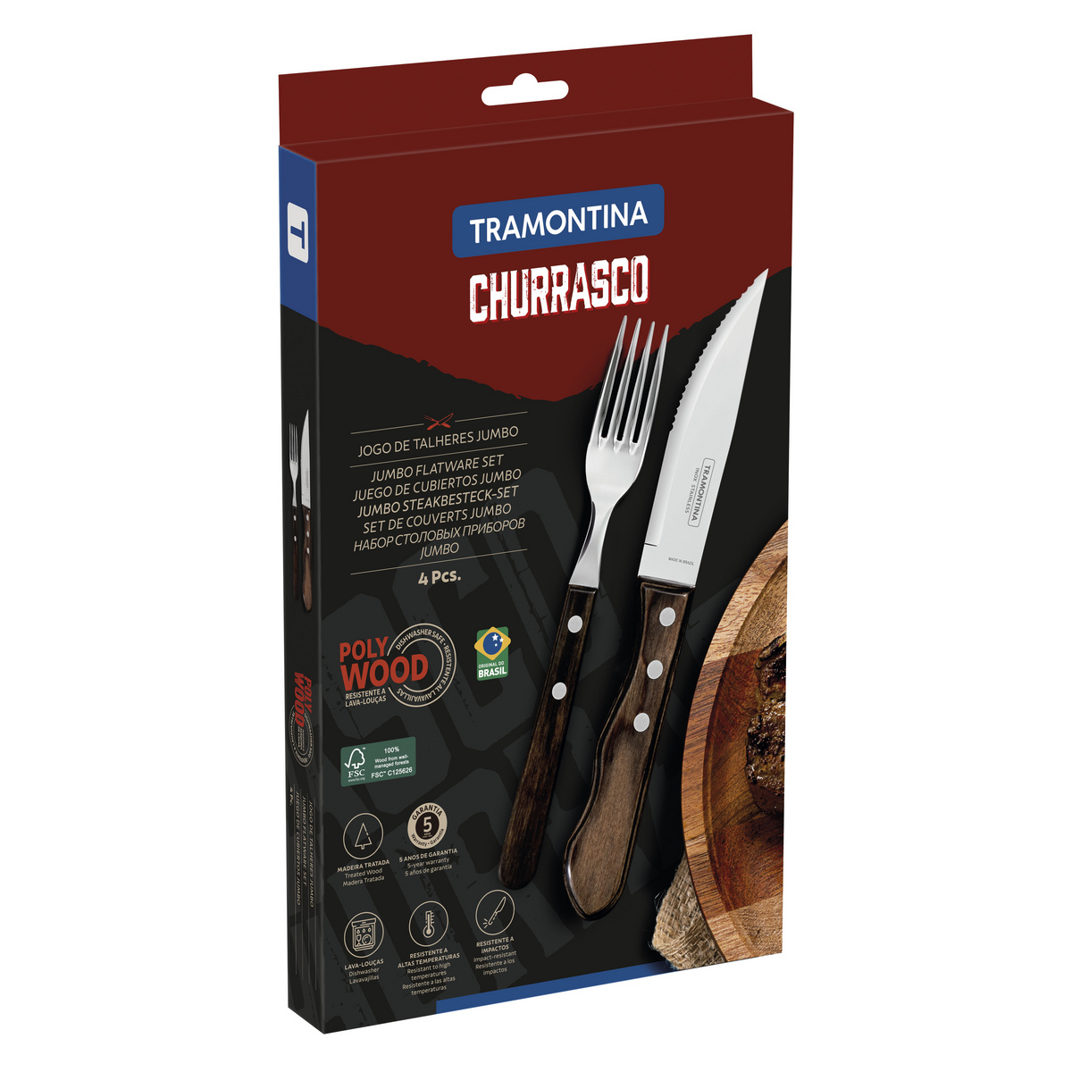 Jogo de Talheres Jumbo para Churrasco Tramontina em Aço Inox com Cabo Castanho Polywood 4 Peças Cor Polywood castanho - SKU 21198908 - 11 image number 10