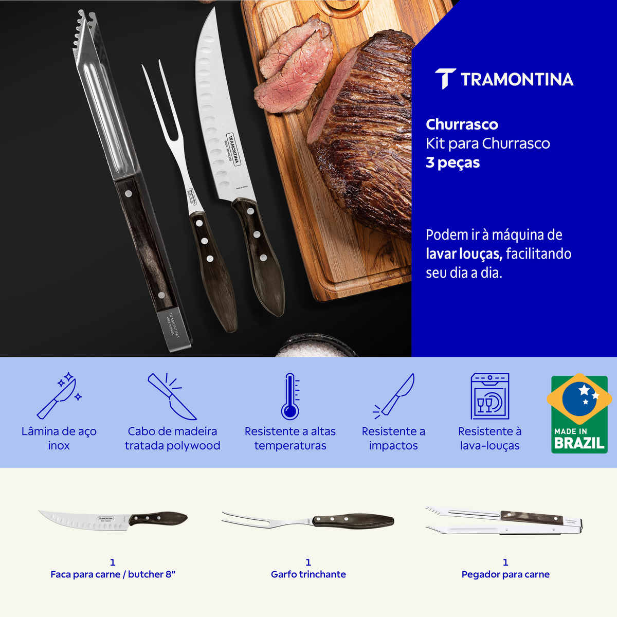 Jogo para Churrasco Tramontina com L&acirc;minas em A&ccedil;o Inox com Cabo de Madeira Tratada Polywood Castanho 3 Pe&ccedil;as Cor Polywood castanho - SKU 21198997 - 4 image number 3