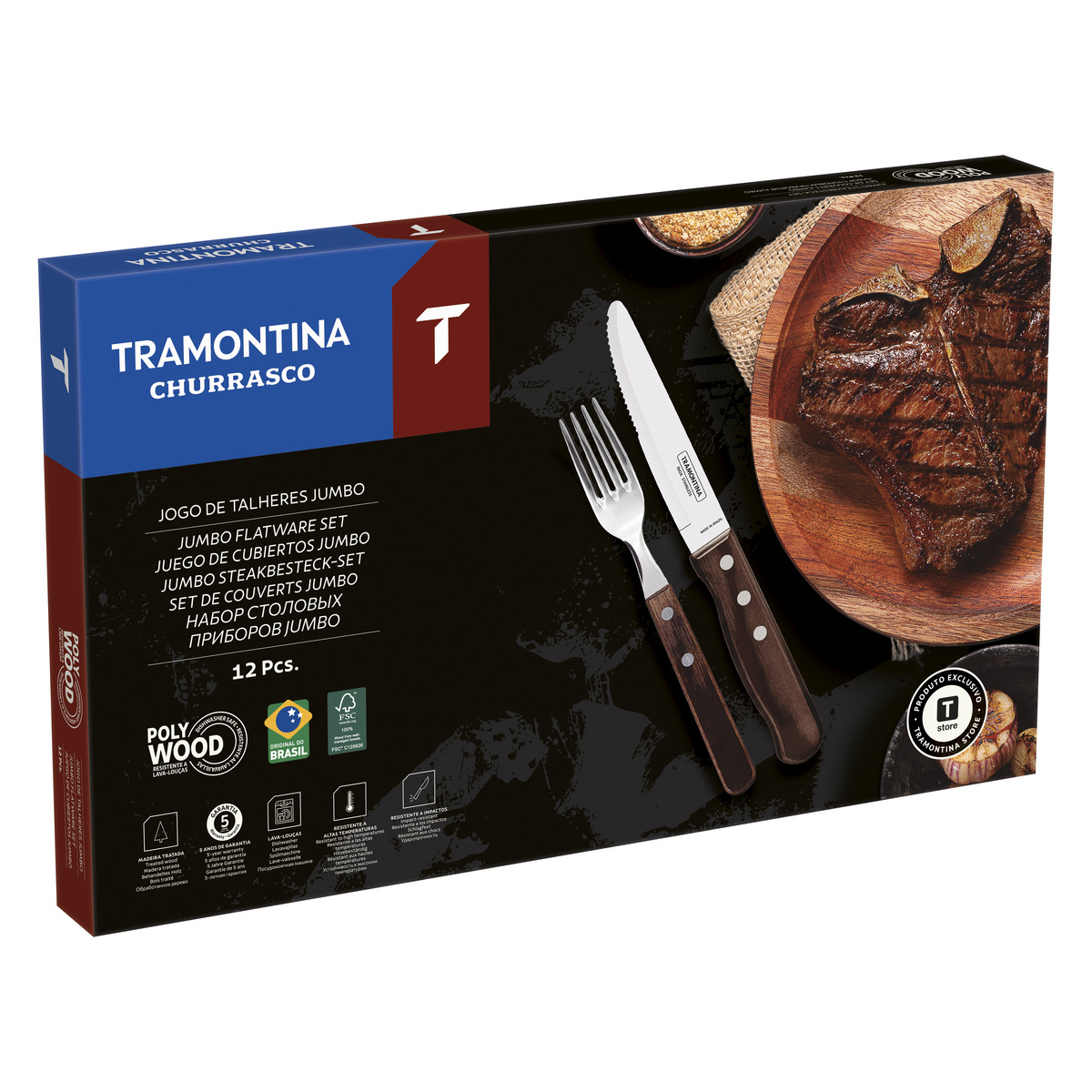 Jogo de Talheres Jumbo Tramontina Churrasco com L&acirc;minas em A&ccedil;o Inox e Cabos de Madeira Polywood Castanho 12 Pe&ccedil;as Cor Polywood castanho - SKU 21198999 - 7 image number 6