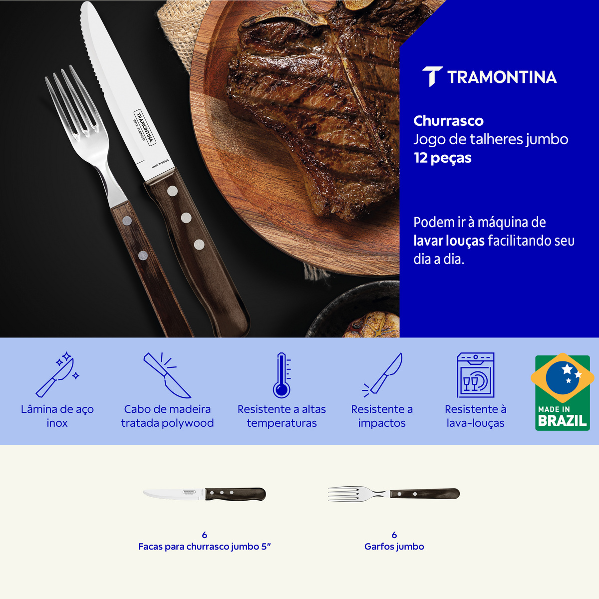 Jogo de Talheres Jumbo Tramontina Churrasco com L&acirc;minas em A&ccedil;o Inox e Cabos de Madeira Polywood Castanho 12 Pe&ccedil;as Cor Polywood castanho - SKU 21198999 - 3 image number 2