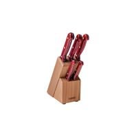 Tramontina Polywood knife set with stainless steel blades, red wooden handles and wooden holder, 6pc set
