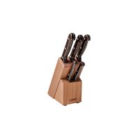 Juego de cuchillos Tramontina Polywood con láminas de acero inoxidable y mangos de madera castaños con soporte de madera, 6 piezas.