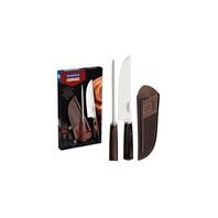 Tramontina stainless steel barbecue set with brown Polywood handles and leather sheath, 2pc set