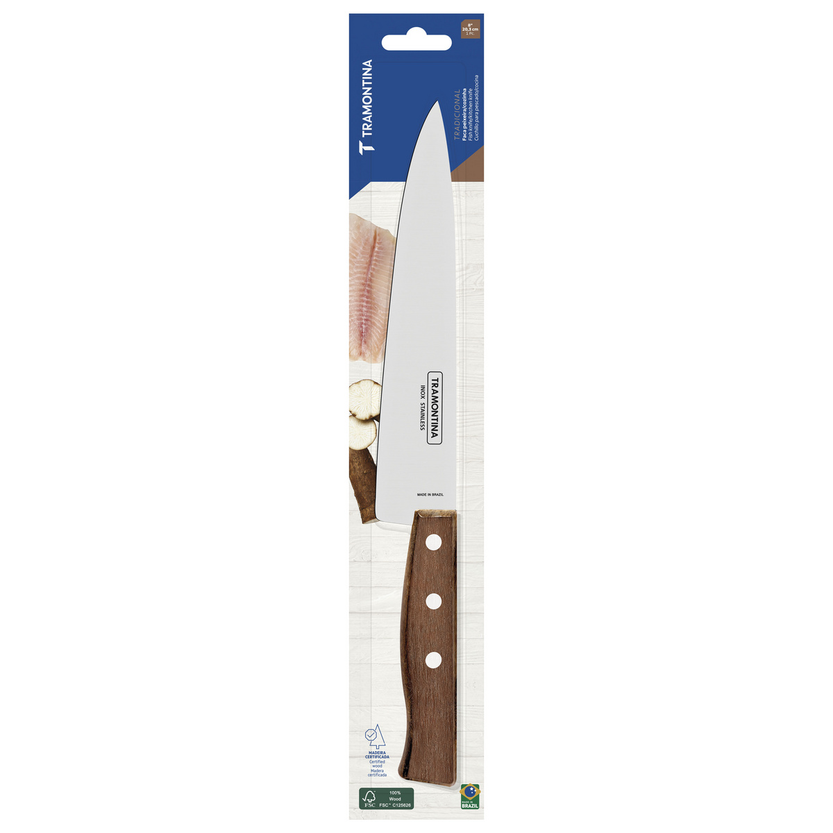 Faca Peixeira e Cozinha Tramontina Tradicional com L&acirc;mina em A&ccedil;o Inox e Cabo em Madeira Natural 8" Cor Madeira natural - SKU 22219108 - 2 image number 1