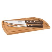 Tramontina stainless steel barbecue kit with natural wooden handles and wooden cutting board, 3pc set