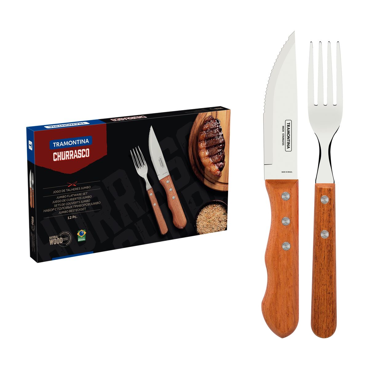 Tramontina Dynamic 12-Piece Barbecue Set with Stainless Steel Blades and Natural Wooden Handles