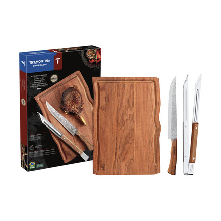 Kit para Churrasco Tramontina com L&acirc;minas em A&ccedil;o Inox e Cabo em Madeira Natural com T&aacute;bua de Madeira 3 Pe&ccedil;as Cor Madeira natural - SKU 22999050 - 1