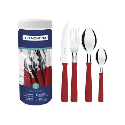 Faqueiro Tramontina New Kolor com L&acirc;minas em A&ccedil;o Inox e Cabos de Polipropileno Vermelho 24 Pe&ccedil;as Cor Vermelho - SKU 23198793