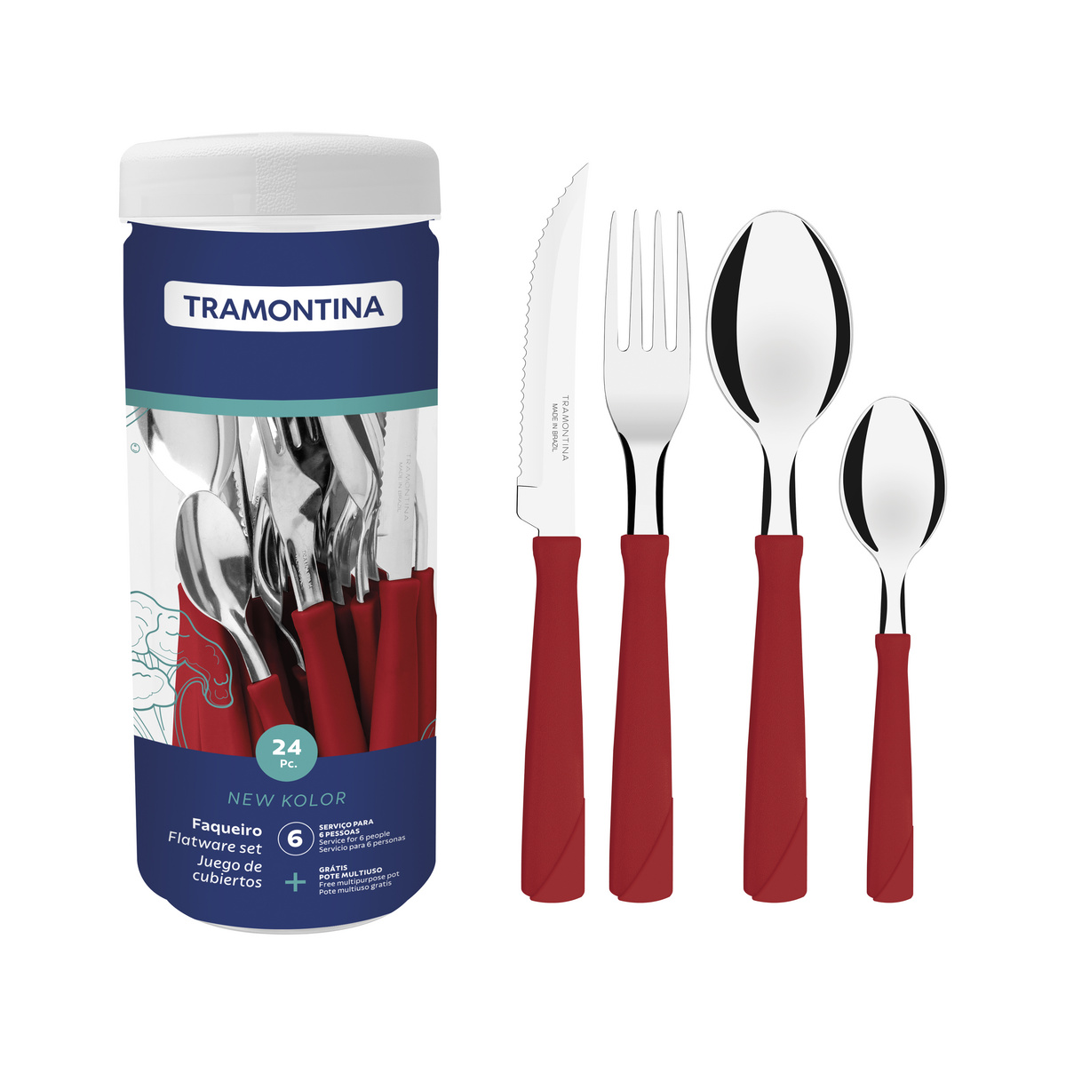Faqueiro Tramontina New Kolor com L&acirc;minas em A&ccedil;o Inox e Cabos de Polipropileno Vermelho 24 Pe&ccedil;as Cor Vermelho - SKU 23198793 - 1 image number 0