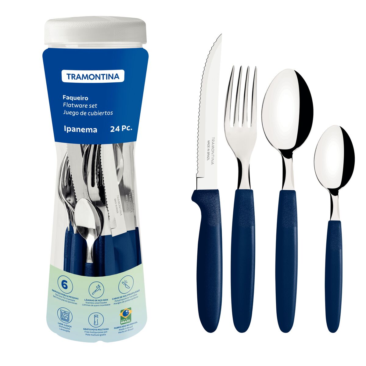 Tramontina Ipanema stainless steel flatware set with blue polypropylene handles and plastic container, 24 pcs