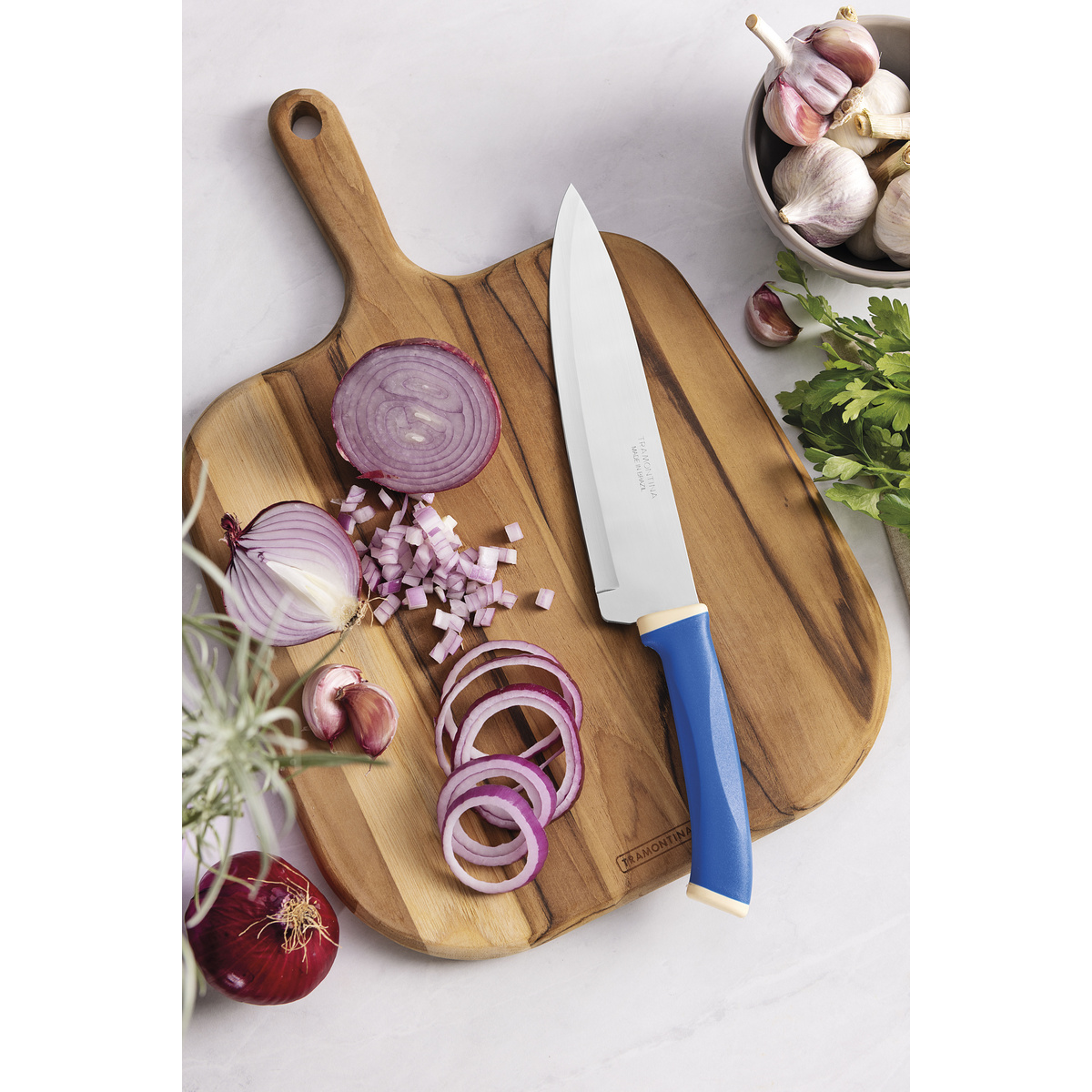 Faca Chef Tramontina Felice com L&acirc;mina em A&ccedil;o Inox e Cabo de Polipropileno Azul 8" Cor Azul - SKU 23488118 - 3 image number 2