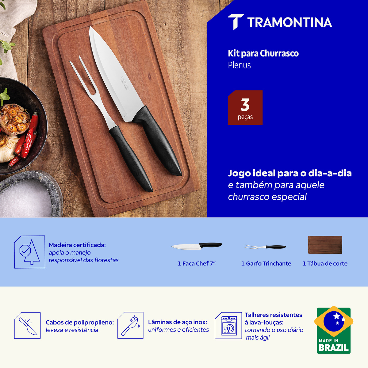 Jogo Trinchante Tramontina Plenus com L&acirc;minas em A&ccedil;o Inox e Cabos de Polipropileno Preto com T&aacute;bua 3 Pe&ccedil;as - SKU 23498081 - 3 image number 2