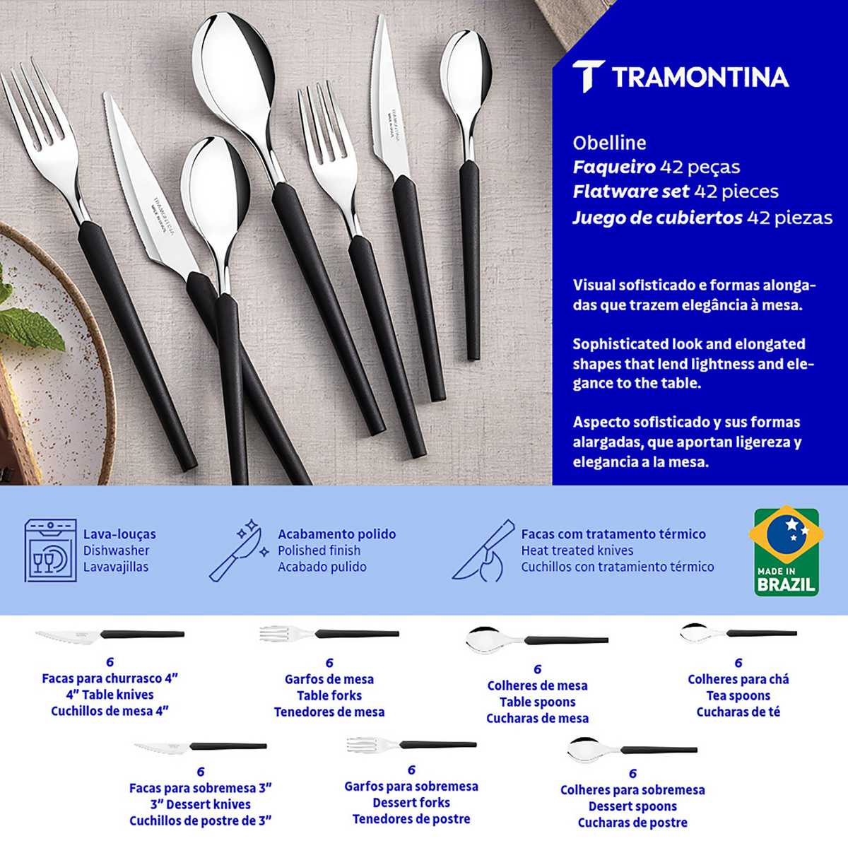Faqueiro Tramontina Obelline com L&acirc;minas em A&ccedil;o Inox e Cabos de Polipropileno Preto 42 Pe&ccedil;as Cor Preto - SKU 23599032 - 10 image number 9