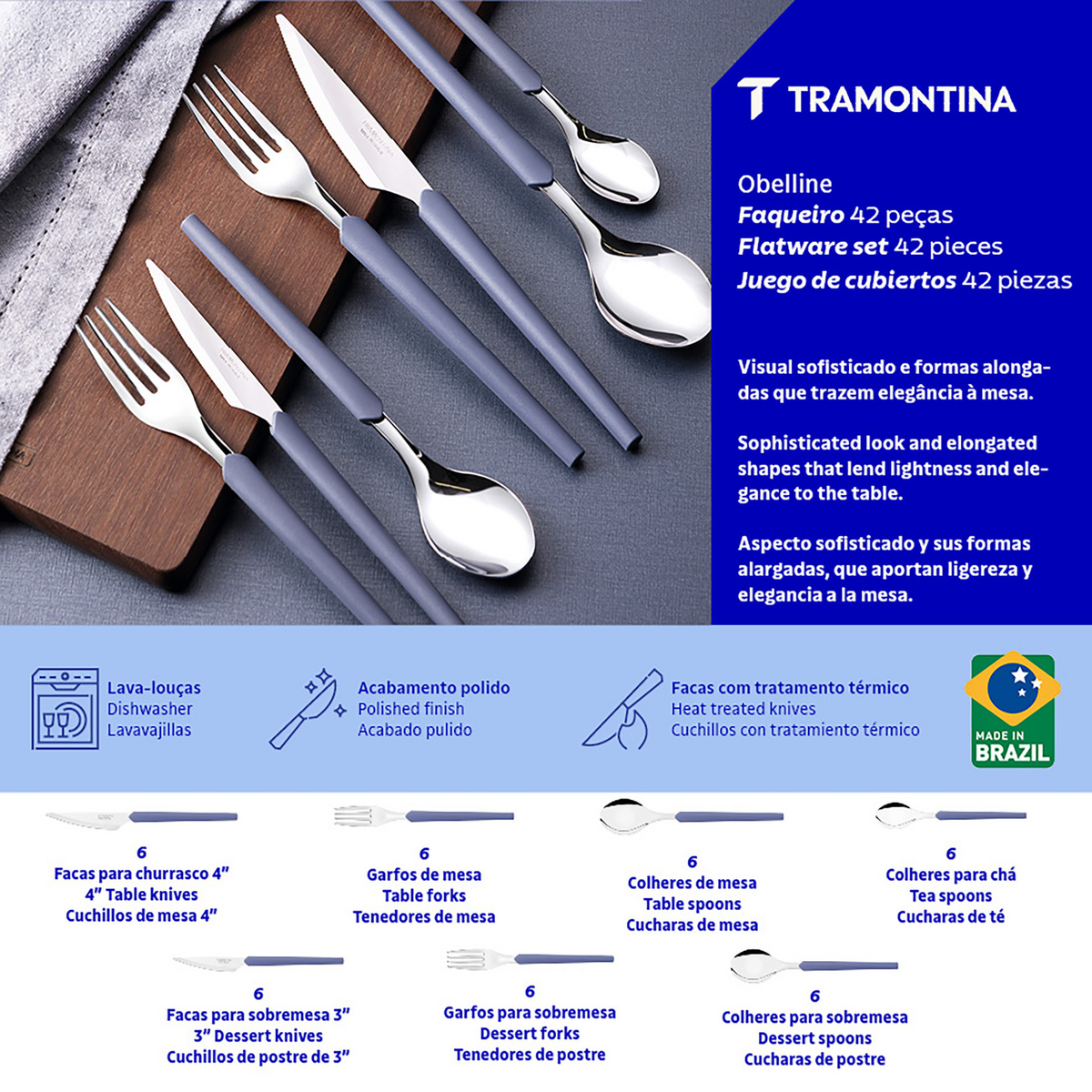 Faqueiro Tramontina Obelline com L&acirc;minas em A&ccedil;o Inox e Cabos de Polipropileno Azul Boreal 42 Pe&ccedil;as Cor Azul - SKU 23599132 - 9 image number 8