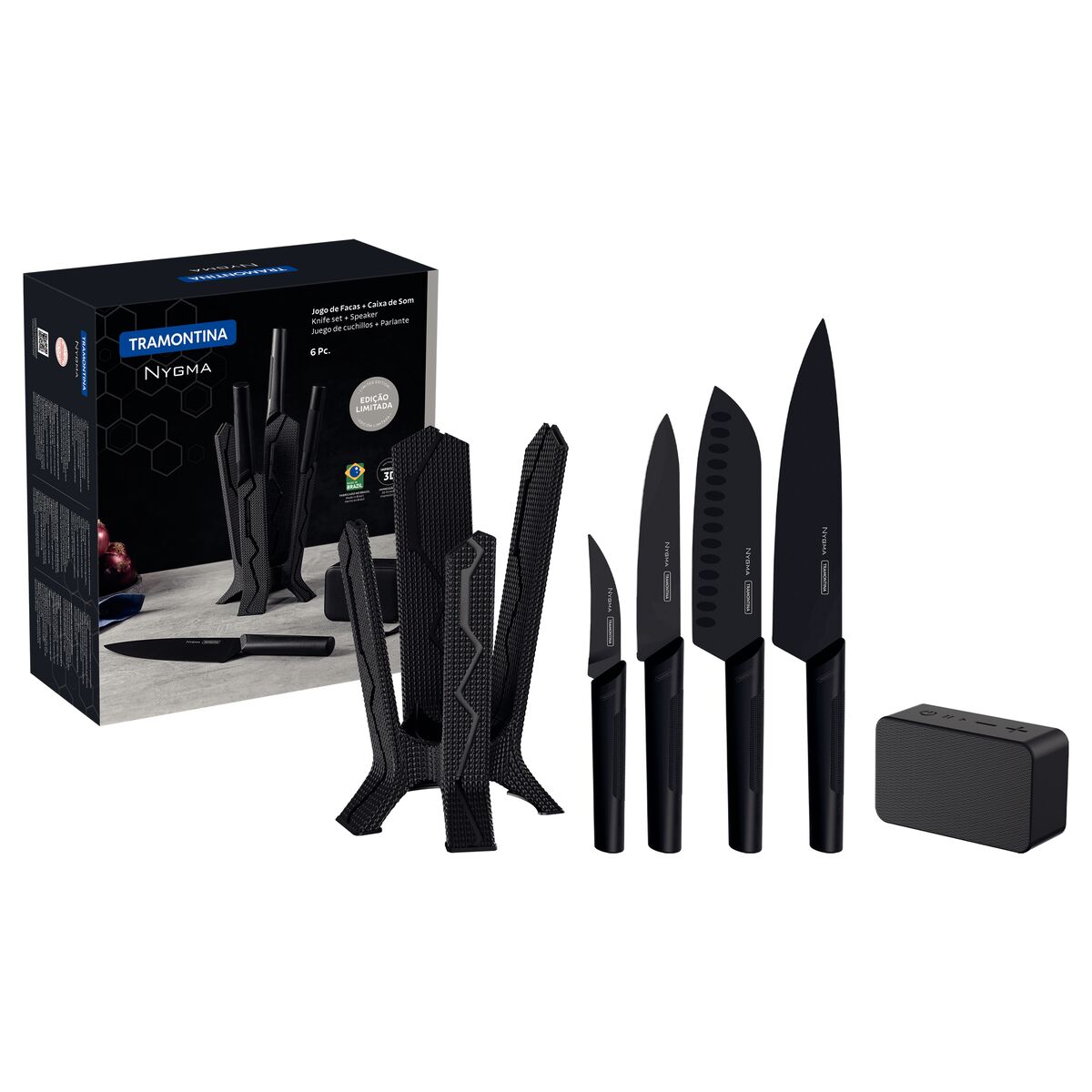 Tramontina Nygma 6-Piece Knife Set with Stainless-Steel Blades and Black Polypropylene Handles with Support and Speaker