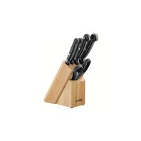 Tramontina Ultracorte knife set with stainless steel blades, black polypropylene handles and wooden holder, 6pc set