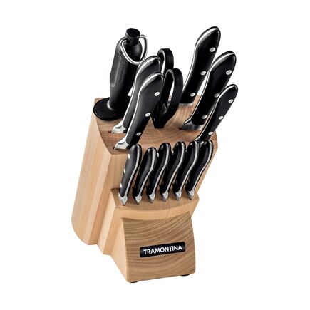 Jogo de Facas Tramontina Prochef com L&acirc;minas em A&ccedil;o Inox e Cabos de Policarbonato e Fibra de Vidro com Suporte em Madeira 14 Pe&ccedil;as Cor Preto - SKU 24199050
