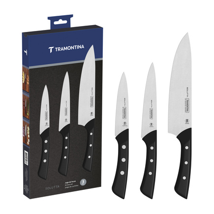 Jogo de Facas Tramontina Solutta com Lâminas em Aço Inox e Cabos em Policarbonato e Fibra de Vidro 3 Peças Cor Preto - SKU 24299010