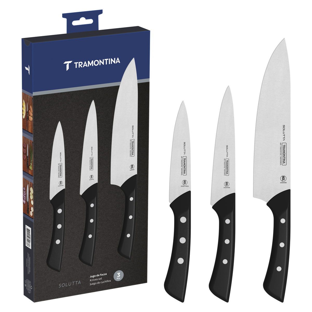 Jogo de Facas Tramontina Solutta com Lâminas em Aço Inox e Cabos em Policarbonato e Fibra de Vidro 3 Peças Cor Preto - SKU 24299010 - 1 image number 0