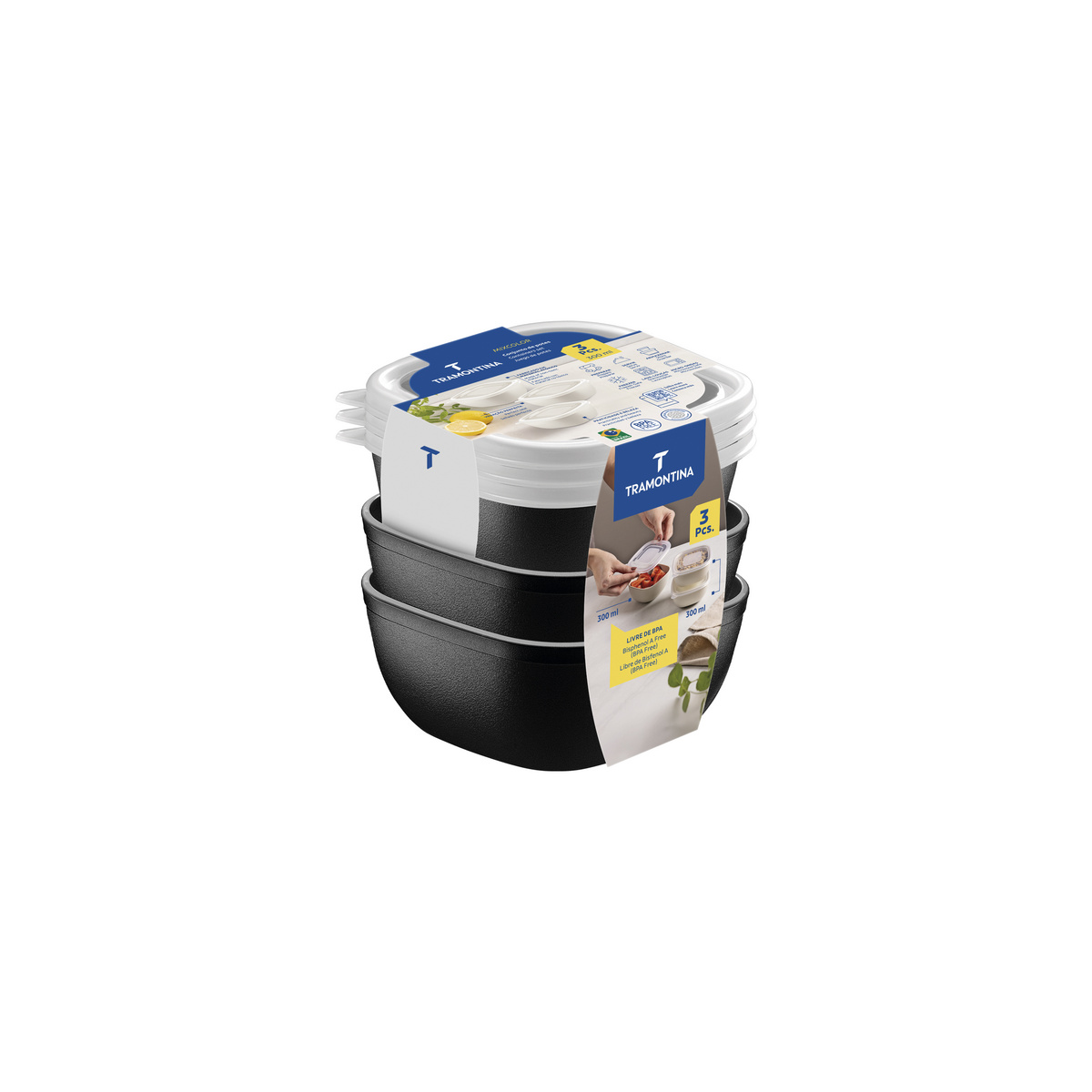 Jogo de Potes Tramontina MixColor em Polipropileno Preto com Tampa Transparente 300 ml 3 Pe&ccedil;as Cor Preto - SKU 25098001 - 3 image number 2