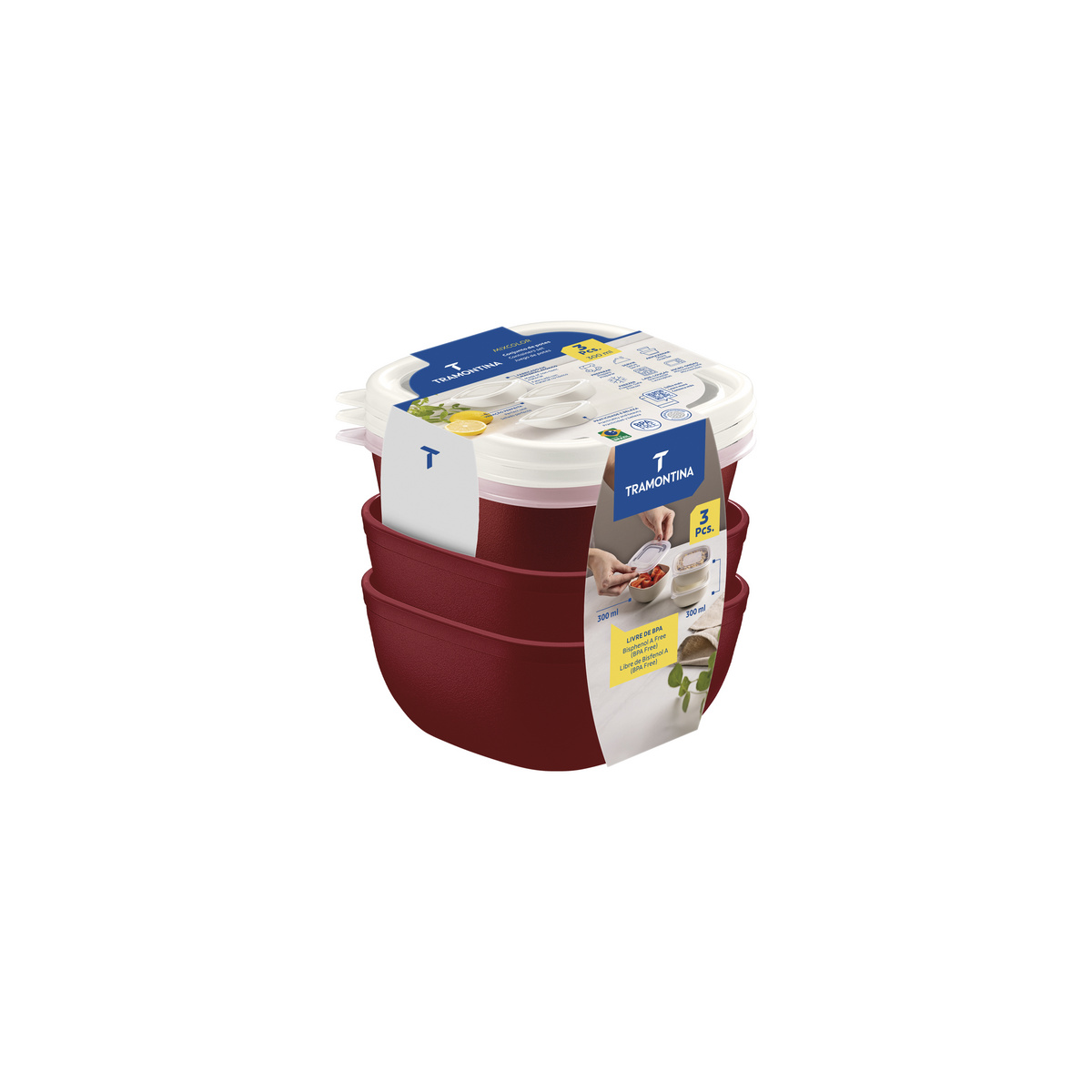Jogo de Potes Tramontina MixColor em Polipropileno Vermelho com Tampa Transparente 300 ml 3 Pe&ccedil;as Cor Vermelho - SKU 25098701 - 3 image number 2