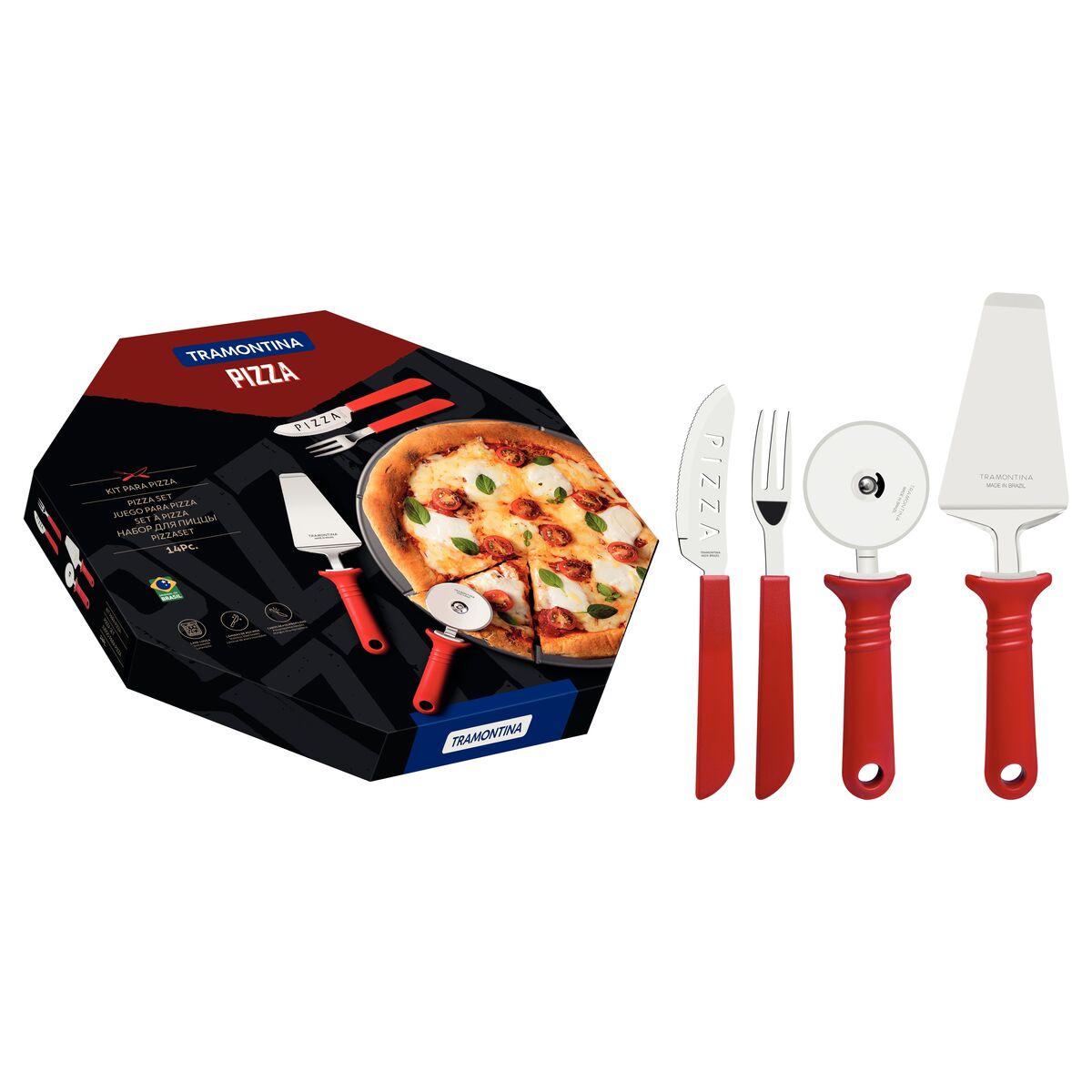 Tramontina 14-Piece Pizza Kit with Stainless-Steel Blades and Red Polypropylene Handles