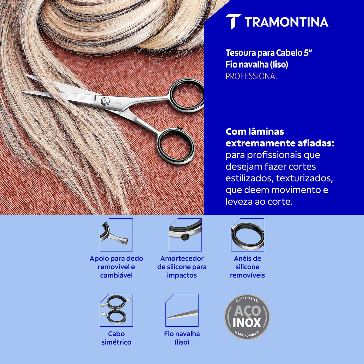 Tesoura Profissional para Cabelo Tramontina em A&ccedil;o Inox com Fio Navalha Liso 5" - SKU 25980005 - 3 image number 2