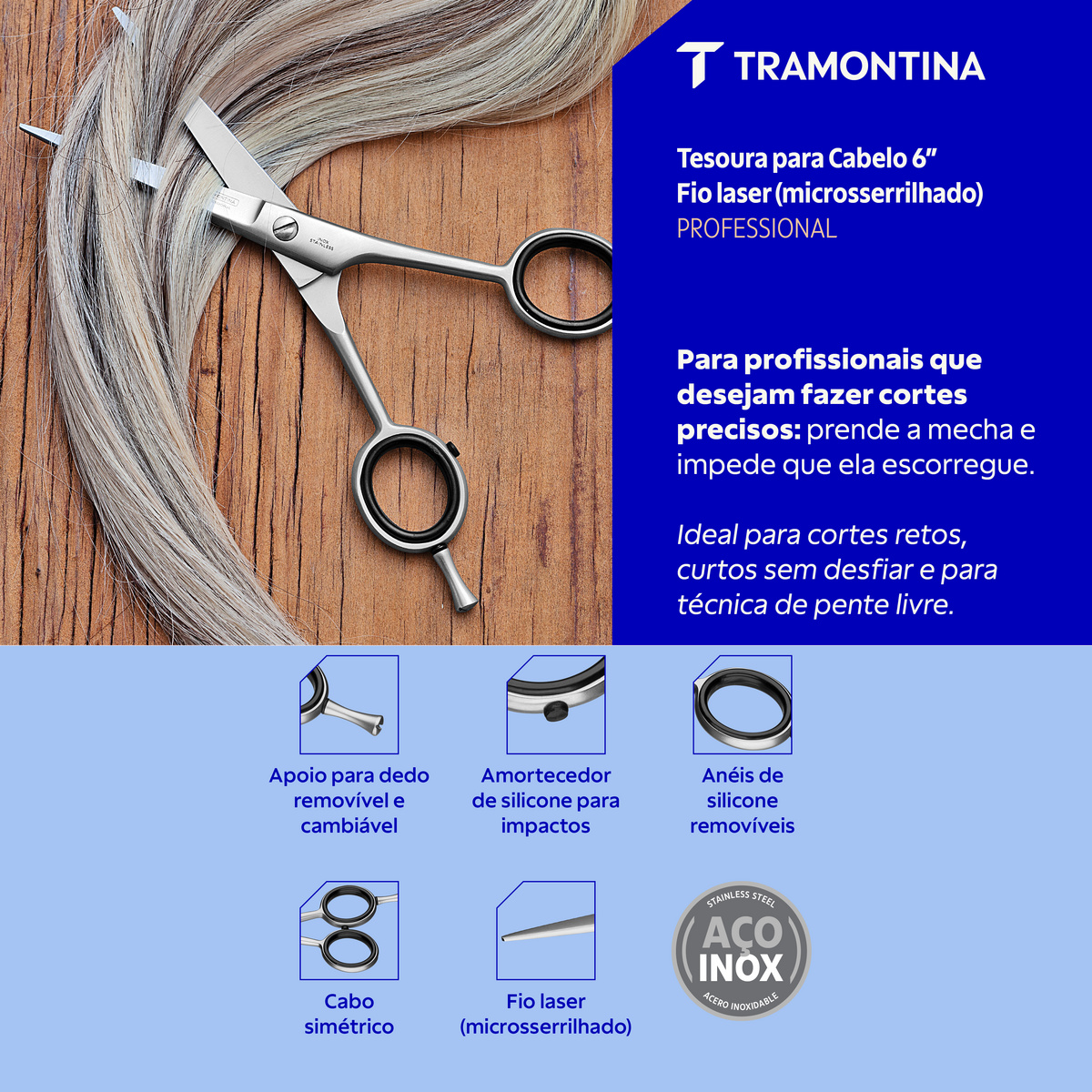 Tesoura Profissional para Cabelo Tramontina em A&ccedil;o Inox com Fio Laser Microsserrilhado 6" - SKU 25981006 - 3 image number 2