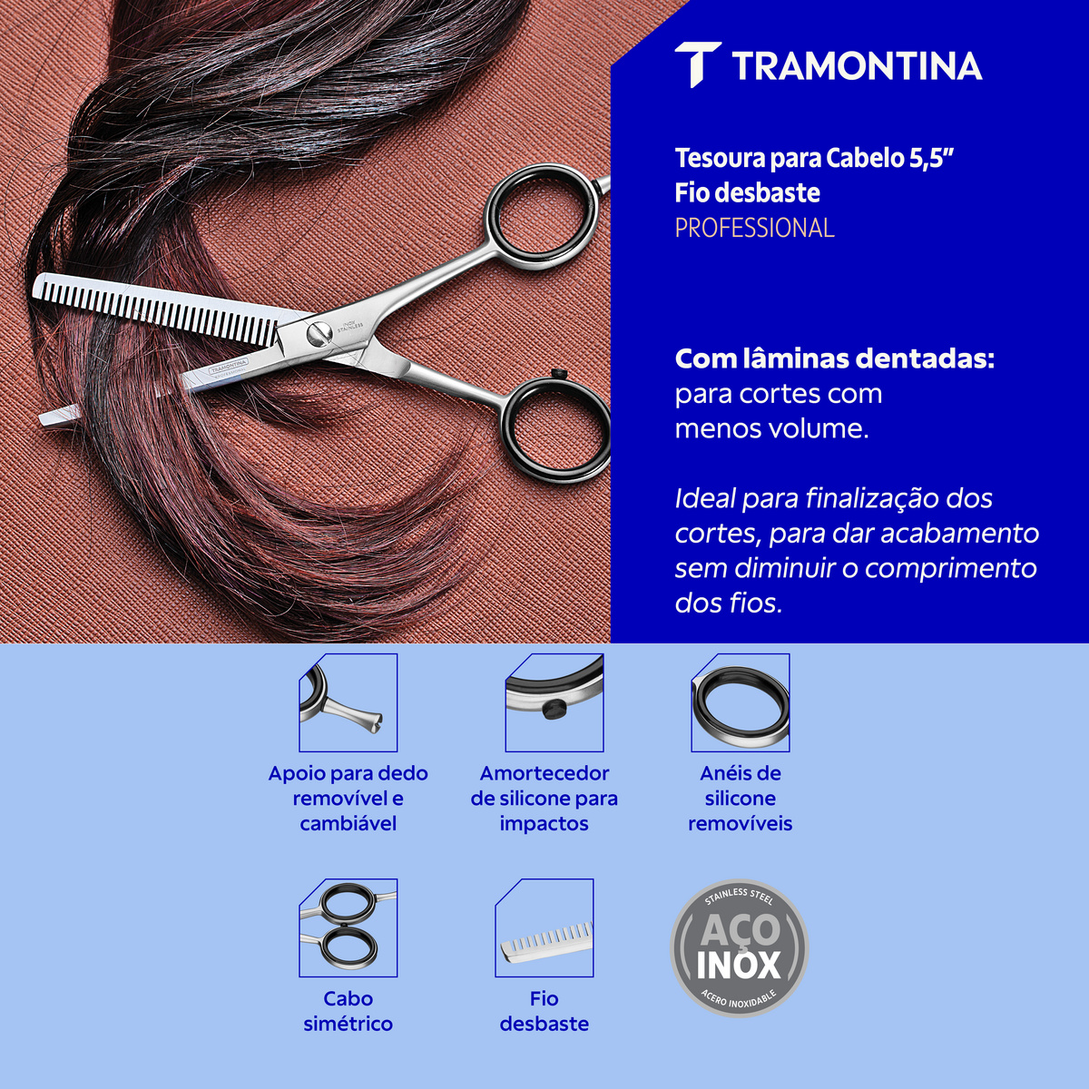 Tesoura Profissional para Cabelo Tramontina em A&ccedil;o Inox com Fio Desbaste 5,5" - SKU 25982005 - 3 image number 2