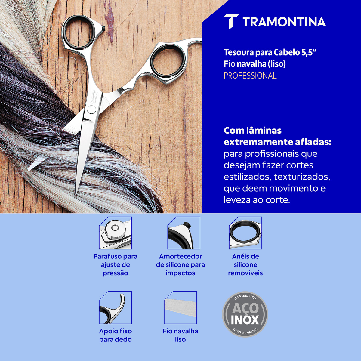 Tesoura Profissional para Cabelo Tramontina em A&ccedil;o Inox com Fio Navalha Liso e Apoio Fixo para Dedo 5,5" - SKU 25985005 - 3 image number 2