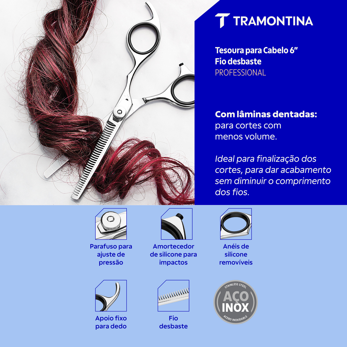 Tesoura Profissional para Cabelo Tramontina em A&ccedil;o Inox com Fio Desbaste e Apoio Fixo para Dedo 6" - SKU 25987006 - 2 image number 1
