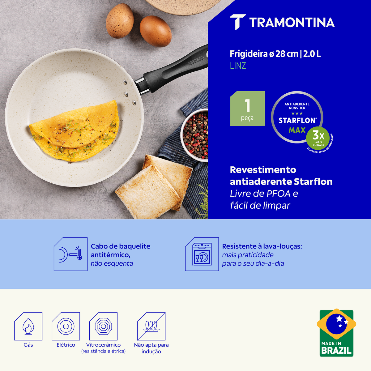 Frigideira Tramontina Linz em Alum&iacute;nio com Revestimento Interno e Externo em Antiaderente Starflon Max Bege 28 cm 2 L Cor Bege - SKU 27805356 - 3 image number 2