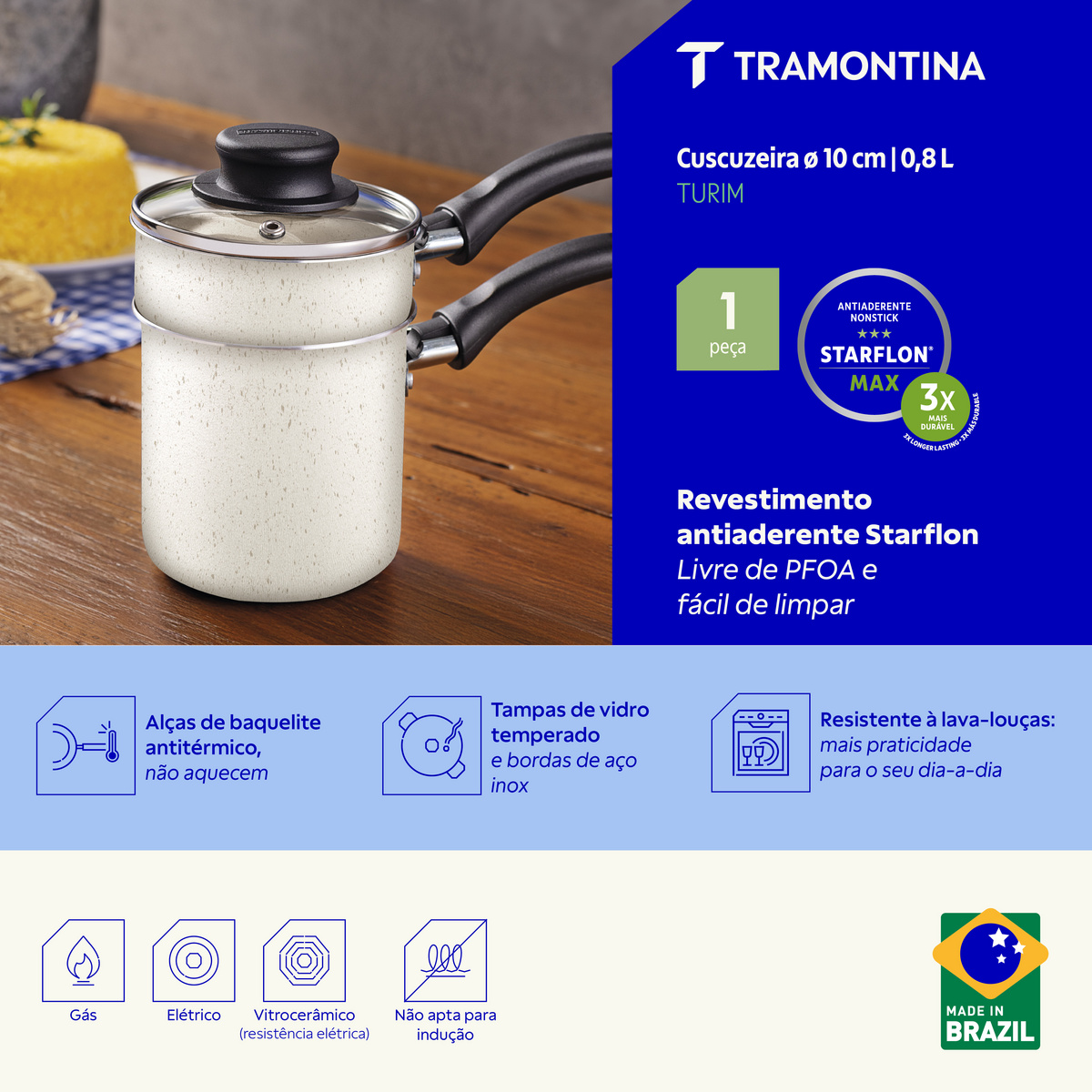 Cuscuzeira Tramontina Turim em Alum&iacute;nio com Revestimento Interno e Externo em Antiaderente Starflon Max Bege 10 cm 0,8 L - SKU 27805358 - 3 image number 2