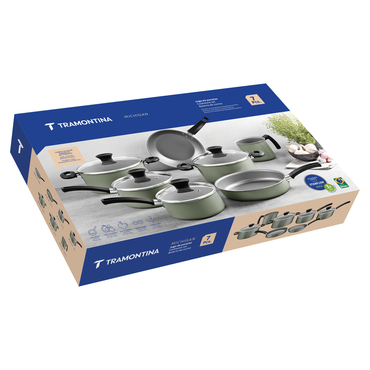 Jogo de Panelas Tramontina Michigan em Alum&iacute;nio com Revestimento Interno e Externo Antiaderente Starflon Max com Cabos e Al&ccedil;as Verde Oliva 7 Pe&ccedil;as Cor Verde - SKU 28299298 - 10 image number 9