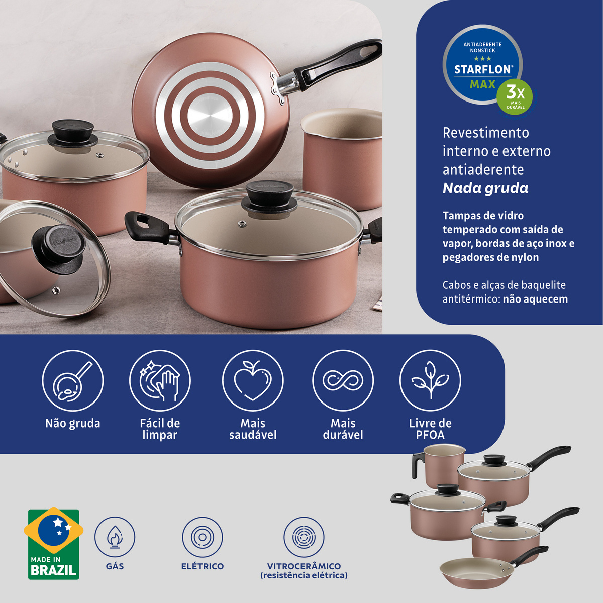 Jogo de Panelas Tramontina Linz em Alum&iacute;nio com Revestimento Interno e Externo em Antiaderente Starflon Max Marrom 5 Pe&ccedil;as Cor Dark gray - SKU 28299305 - 2 image number 1