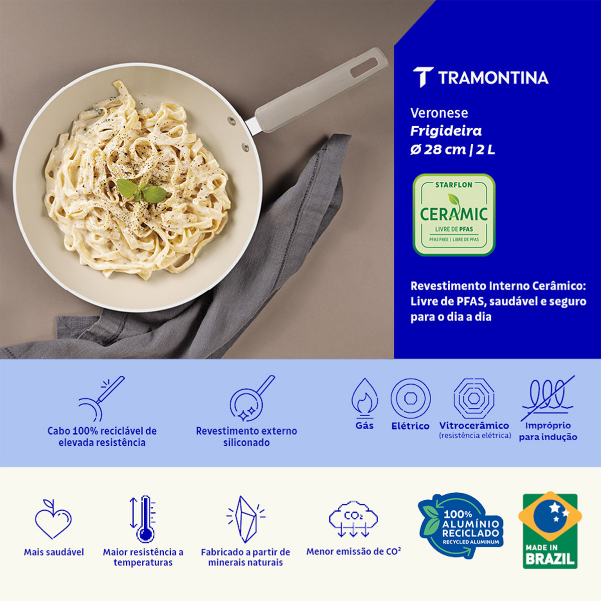 Frigideira Tramontina Veronese em Alum&iacute;nio Reciclado com Revestimento Interno Cer&acirc;mico e Externo Siliconado Bege Mineral 28 cm 2 L - SKU 28620328 - 3 image number 2