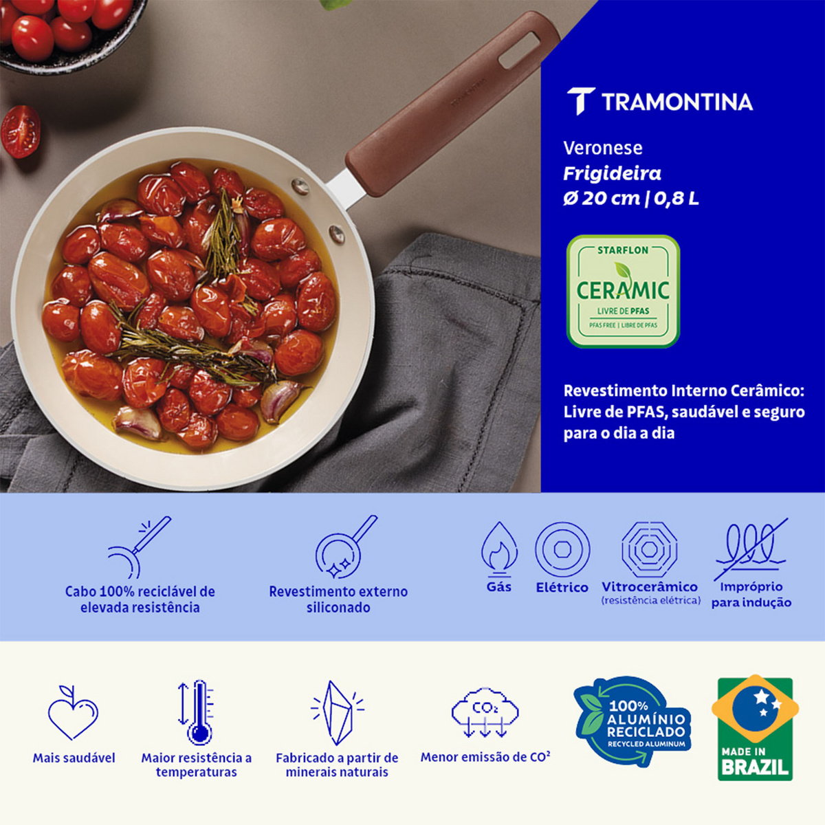 Frigideira Tramontina Veronese em Alum&iacute;nio Reciclado com Revestimento Interno Cer&acirc;mico e Externo Siliconado Argila 20 cm 0,8 L - SKU 28620420 - 3 image number 2