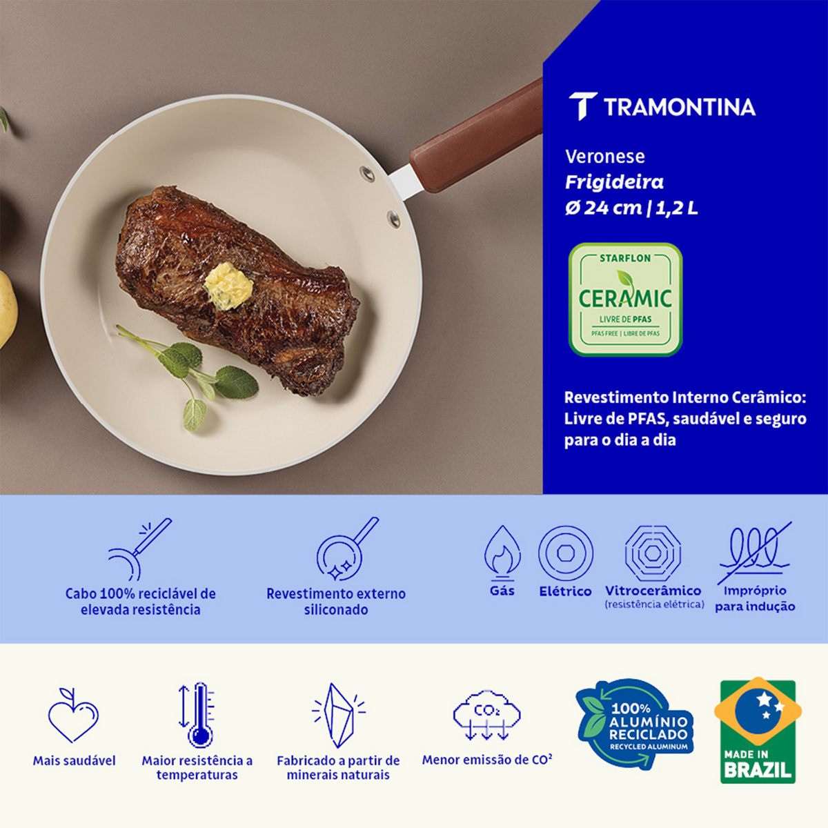 Frigideira Tramontina Veronese em Alum&iacute;nio Reciclado com Revestimento Interno Cer&acirc;mico e Externo Siliconado Argila 24 cm 1,2 L - SKU 28620424 - 3 image number 2